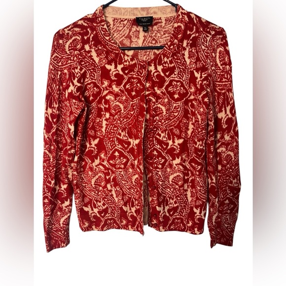Talbots Sweaters - Italian Merino Wool Cardigan Red Rust Cream Paisley Preppy Cottagecore Layer SP